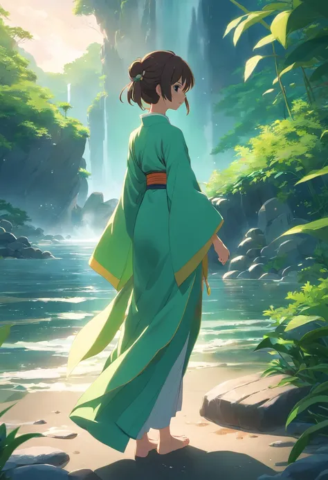 Highly detailed film water and ocean palette, a bald monk standing at the waters edge in white Hanfu, a huge green snake, a huge lotus flower in white, a very tall waterfall, exquisite facial details, spotlights, perfect composition, surreal, ultra-detaile...