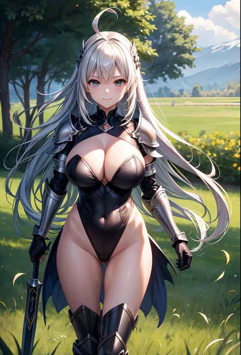 Woman knight、a beauty girl、huge tit、Excellent style、Nice Buddy、glamorous、Light equipment、Black leotard armor、highleg、gauntlets、greave、hair adornments、silber hair、Longhaire、Ahoge、cleavage of the breast、Exposure、directly in front、１Person-person perspective、i...