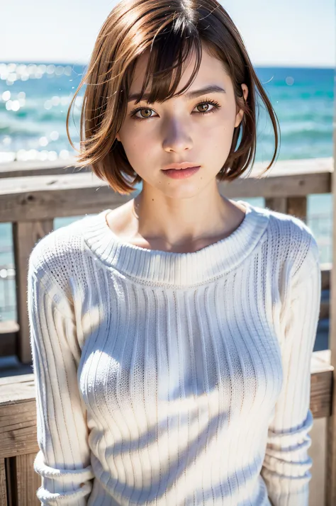 1girl, best quality, realistic, solo, depth of field, natural lighting, daytime, alluring, beautiful face, clean, pure face, pale skin, cute, short hair, beach, sunshine,flat chest, tiny breast, full body, ((sweater,beautfully face)),