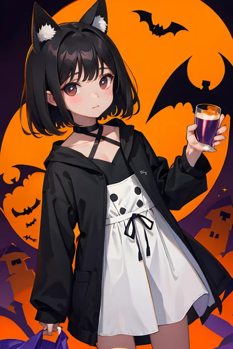 child，Halloween Party，A dark-haired，Medium bob