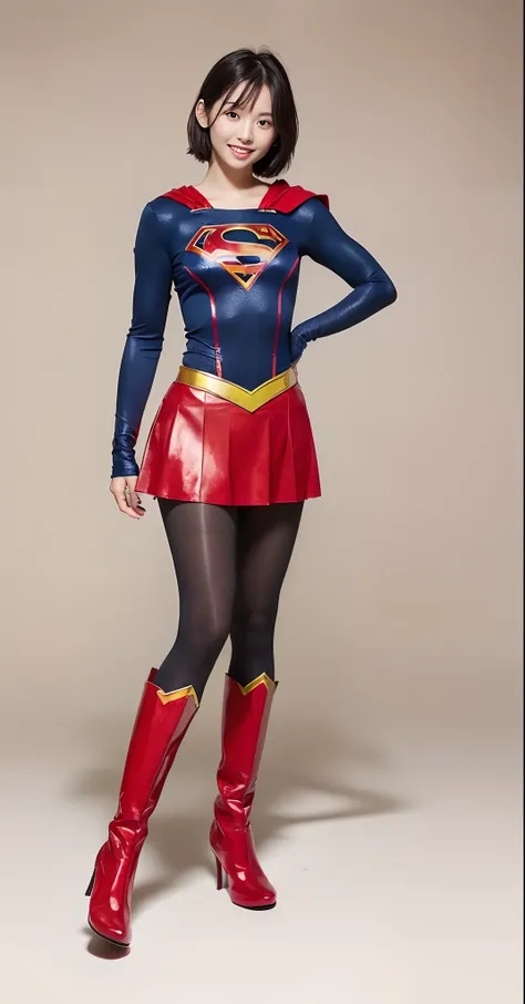 (((Wear black tights on your beautiful legs.)))、(((Grow legs、tall、beauty legs)))、(((facial expression of smile)))、((((Make the most of the original image)))、(((Supergirl Costume)))、(((Beautiful short hair)))、(((Suffering)))、(((Feet must necessarily be worn...