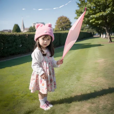 blue-sky，In the daytime，Cute little girl wearing pink hat，Fly a kite on the lawn