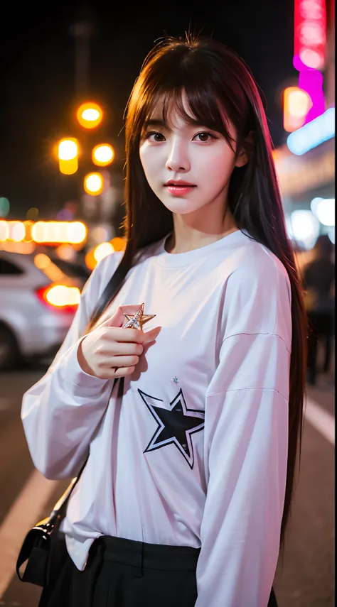 Realistic photos of (1 cute Korean star) single hair intake, thin makeup, 32 inch breasts size, wearing long sleeve shirt pants, standing on the street, night flare, close-up portrait, UHD