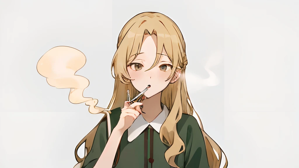 ​masterpiece, top-quality, murashige_yuzuki, girl with, 独奏, verd s eyes, blonde  hair, length hair, hair wavy,,The upper part of the body,Idol,holiday,manicure,smokeing,How to hold a cigarette, The background is home