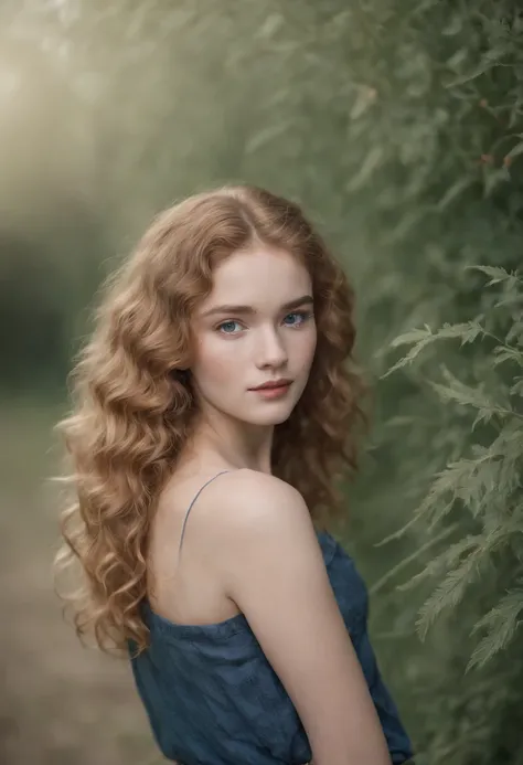 "Full body portrait of a charming 18 year old women with curly hay coloured hair, a late 80s look, freckles, petite figure, beautiful face, captivating dark blue eyes, and modest bust size, showcasing her natural beauty."