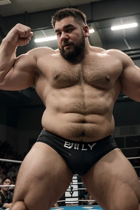 chubby muscular fluffy polar bear with a gray spiky hair and beard huge eyebrows and huge fangs and huge upperbody wearing black wrestling trunks while sweaty and flexing at the wrestling ring