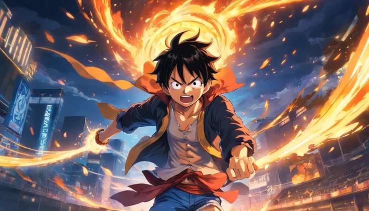 Design a charming poster featuring Luffy of "One piece" In a fit of rage. Capture the essence of his fiery determination and fortitude as he unleashes his wrath on his enemies. shorten, Bold, And intense to convey the raw power of Luffys anger., hypnotized...