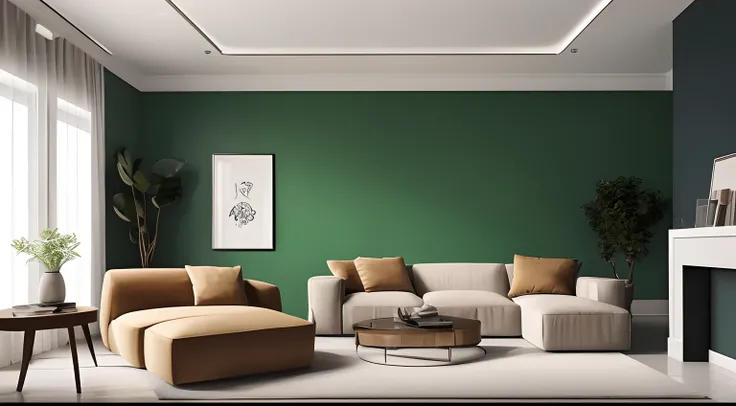 A room with minimal furniture and no people, featuring only one vase, one painting, and one drawer, Without sofa. The walls are painted in a light and low saturation Light color, color name for wall: tacao color code: (RGB code: (R: 246, G: 175, B: 127) He...