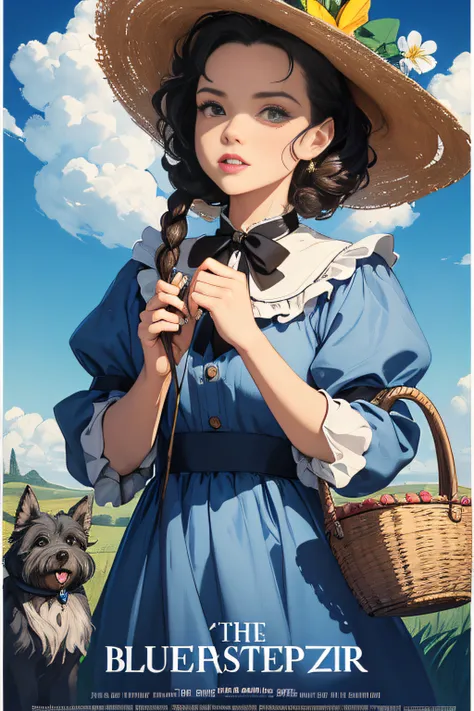 (Masterpiece, Best Quality), 8k Wallpaper, highly detailed, poster, The Wizard of Oz, Dorothy Gale, Judy Garland, blue and white checkered dress, straw basket with black dog cairn terrier, erotic, sexy,  shapes, lines, abstract, propaganda, fantasy film, b...