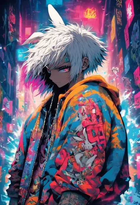 A cool and stylish rabbit, White hair, Blue eyes, Wear trendy hip-hop outfits, Wearing a hoodie, Graphic T-shirt and ripped jeans, Lots of tattoos and piercings, graffiti style background, highly detailed back ground, Perfect masterpiece, High quality, hig...