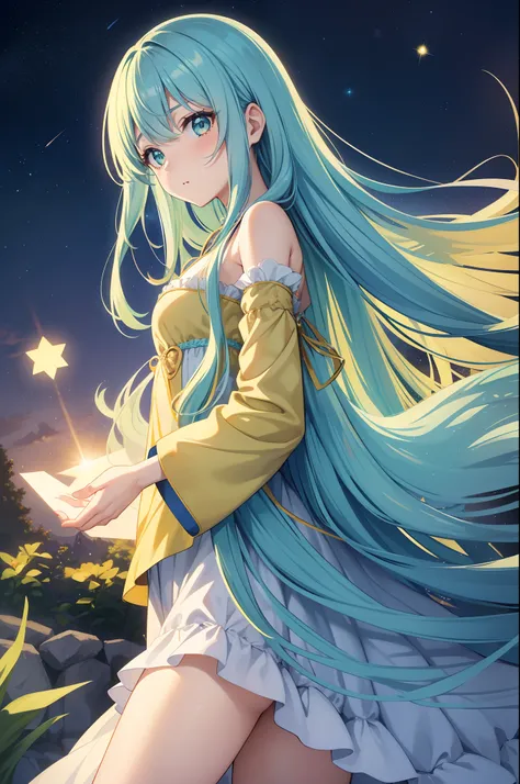 1 girl in、Long blue hair、Twin-tailed、Green eyes、Drawn from a specific angle、Looking at the camera、delicate finger、beautiful ilumination、Fluffy yellow and brown dresses、Fluffy、Background with　Stars are shining in the night sky(High resolution of the highest...