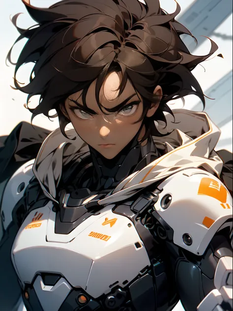 Masterpiece, highres, High quality, Dark skin teen, male, slightly buff, medium dark brown hair hair, big innocent grey eyes, wearing a black full bodysuit, six white long torn scarf, hooded white cloaks, black white battle Gauntlets, dramatic sho, intensi...