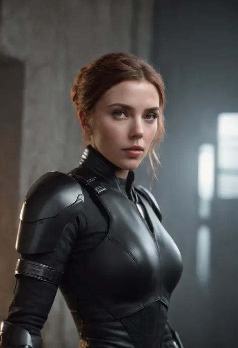 Scarlett Johansson,((Best quality)), ((masterpiece)), (detailed:1.4), 3D, an image of a beautiful cyberpunk female with all black armour,HDR (High Dynamic Range),Ray Tracing,NVIDIA RTX,Super-Resolution,Unreal 5,Subsurface scattering,PBR Texturing,Post-proc...