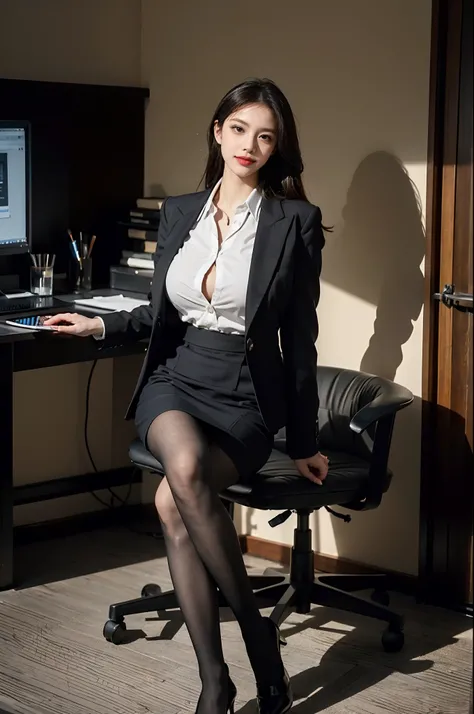 (Masterpiece), ((Best Quality)), (Masterpiece,Best Quality,offcial art,Extremely detailed CG unity 8k wallpaper), (Studio Supplies:1.3), Beauty Photography, miss，Solo,Elegant upper-class elite secretary in a business shirt,Perfect look，Double eyelid eyes，d...