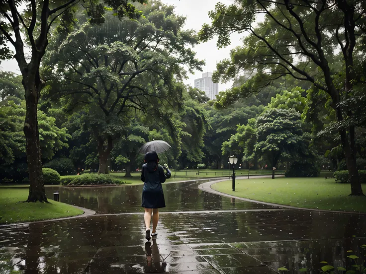 Rainy Park Stroll: A person walking in a park with an umbrella, surrounded by lush greenery, capturing the solitude and tranquility of a rainy day.