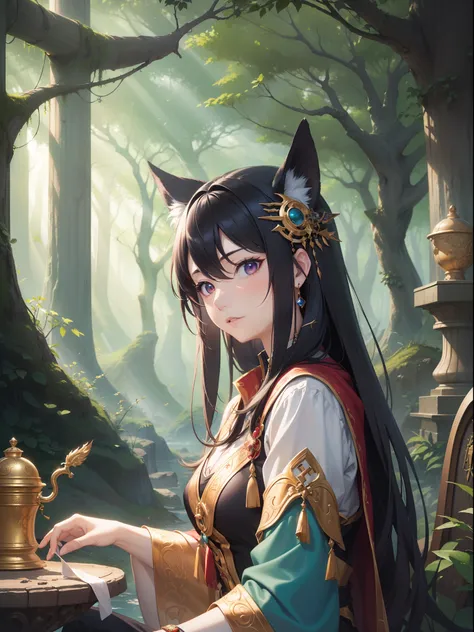 ((Finest quality)),(超A high resolution),(ultra-detailliert),((Best Anime)),sharpnes,Vivid:1.1,The art of astounding depiction,Fantasyart,Fantastic background (Female Shamans in Fantasy Worlds),Ancestor worship,Altar of the Forest