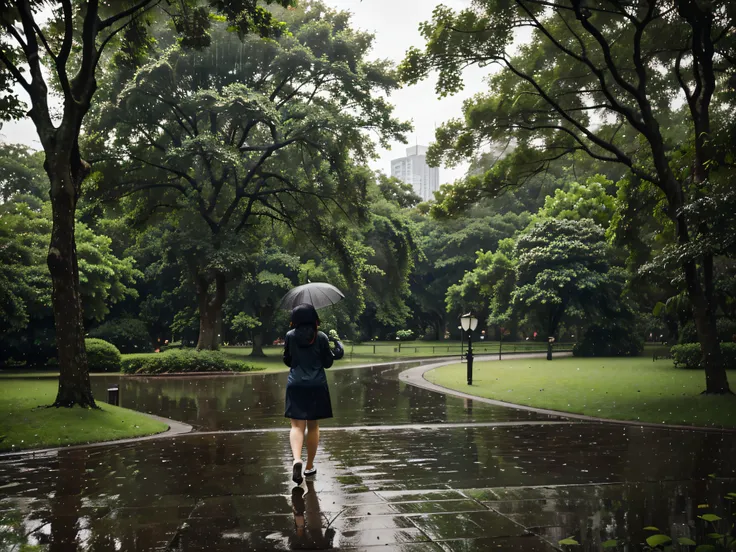 Rainy Park Stroll: A person walking in a park with an umbrella, surrounded by lush greenery, capturing the solitude and tranquility of a rainy day.