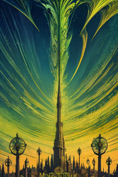 (Masterpiece, Best Quality), 8k Wallpaper, highly detailed, poster, The Wizard of Oz, Oz the Great and Powerful Wizard, green skin, flying broomstick, shapes, lines, abstract, propaganda, fantasy film, bauhaus, movie poster, vintage, low-angle shot,