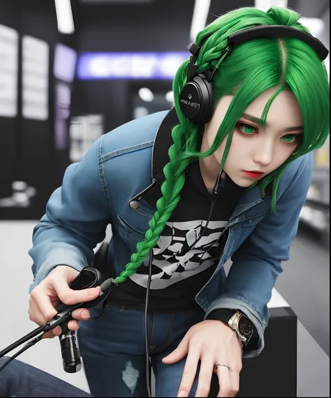 Green Hair Hairstyle Braid Sniper Headphones Damaged Jeans