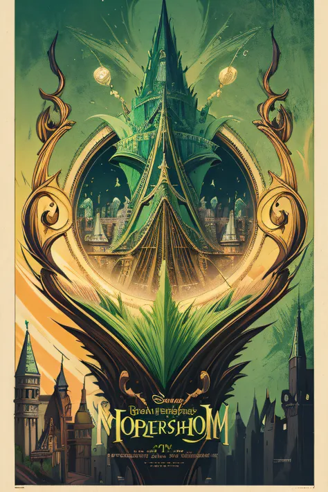 (Masterpiece, Best Quality), 8k Wallpaper, highly detailed, poster, The Wizard of Oz, Oz the Great and Powerful Wizard, green skin, flying broomstick, shapes, lines, abstract, propaganda, fantasy film, bauhaus, movie poster, vintage, low-angle shot,