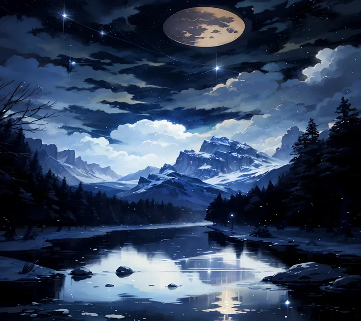 A painting of a river with stars and moon in the sky, concept art inspired by Tosa Mitsuoki, pixiv contest winner, best quality, fantasy art, beautiful anime scene, golden moon. A bright moon, starry sky environment under the moonlight, dream painting, ani...