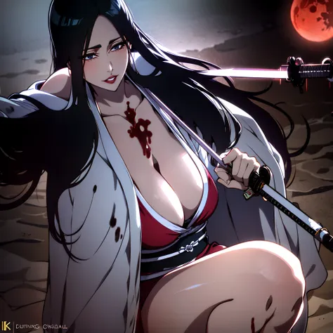 solo,cleavage, haori, thick thighs, outstanding details, blood,big breasts ,red moon swim suit, kimono, parted lips, katana, bea...