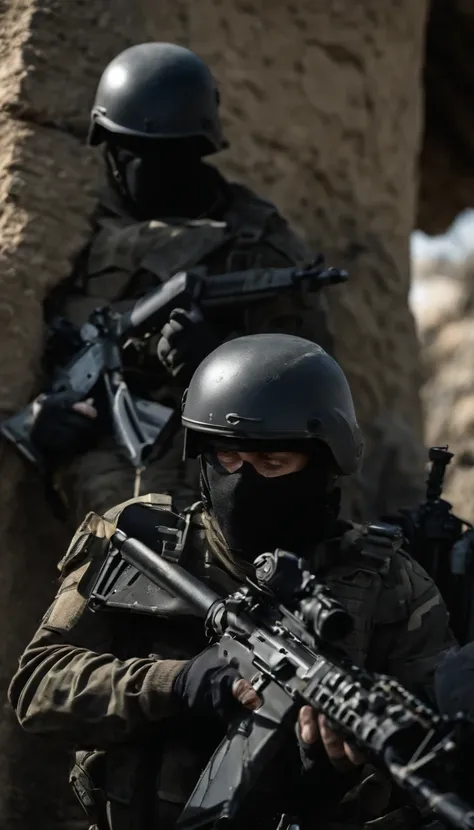 There was a man in a black uniform and a man in a black helmet and a man in a black mask with a gun, airsoft cqb, french special ops, realistic soldiers, Wear tactical gear, tactical gear, cinematic —ar 16:9, realistic military equipment, Tactical armor, B...