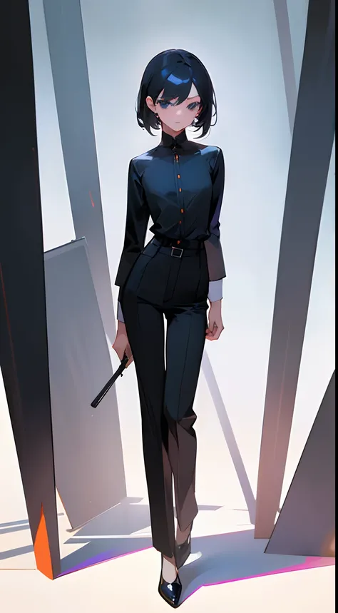 A  girl, A student girl, hair light, Slim, beatiful face, little chest, in trousers and shirt, In black shoes, stands upright, is looking at the camera, Full-length, Novel Character