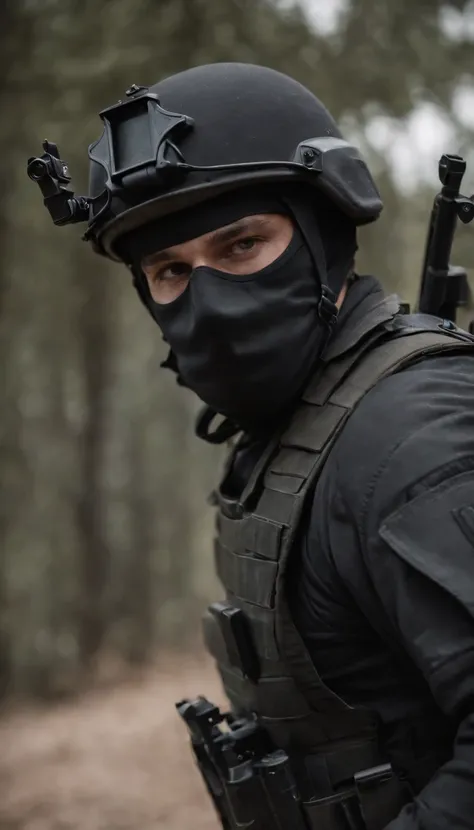 There was a man in a black uniform and a man in a black helmet and a man in a black mask with a gun, airsoft cqb, french special ops, realistic soldiers, Wear tactical gear, tactical gear, cinematic —ar 16:9, realistic military equipment, Tactical armor, B...