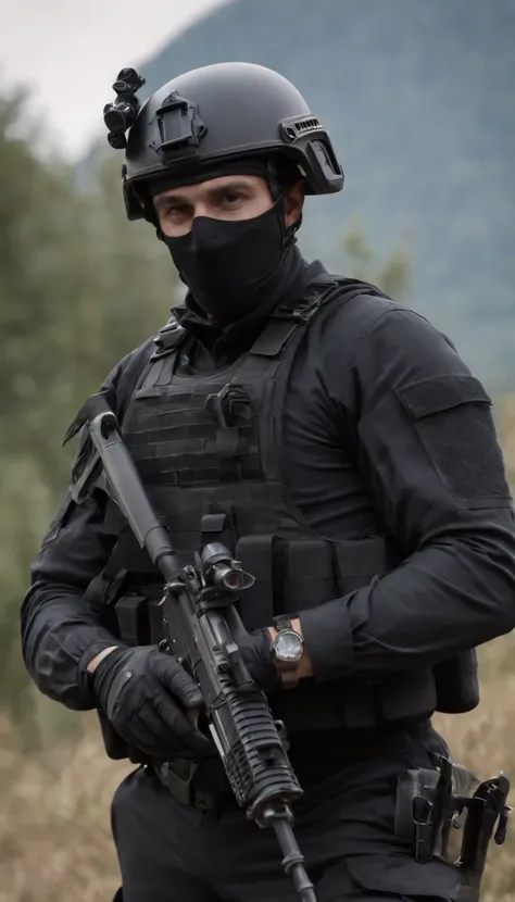 There was a man in a black uniform and a man in a black helmet and a man in a black mask with a gun, airsoft cqb, french special ops, realistic soldiers, Wear tactical gear, tactical gear, cinematic —ar 16:9, realistic military equipment, Tactical armor, B...