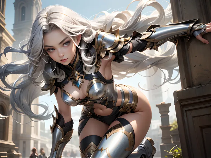 Woman with long curly hair with silver hair、Beautuful Women、Super small breasts、Super slender body、Brace yourself to start running、Wearing white metal armor、