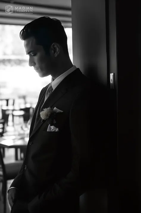 An Alafard man in a suit and tie stands in the restaurant, bridegroom, mid shot portrait, shot with canon eoa 6 d mark ii, side portrait imagery, shot with sigma f/ 4.2, shot with sigma f / 4. 2, shot on leica sl2, side profile portrait, Shot on Sony A 7, ...