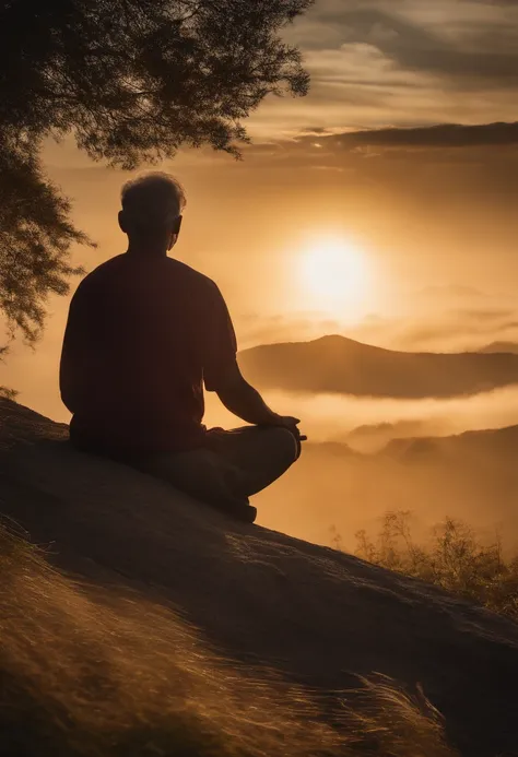 yang man sitting in meditation position, contemplando um horizonte lindo com o sol se pondo, Man is in deep connection with the divine, The landscape is ultra detailed, homem ultra realista, tudo bem detalhado e lindo, ultra qualidade. Realismo 8K