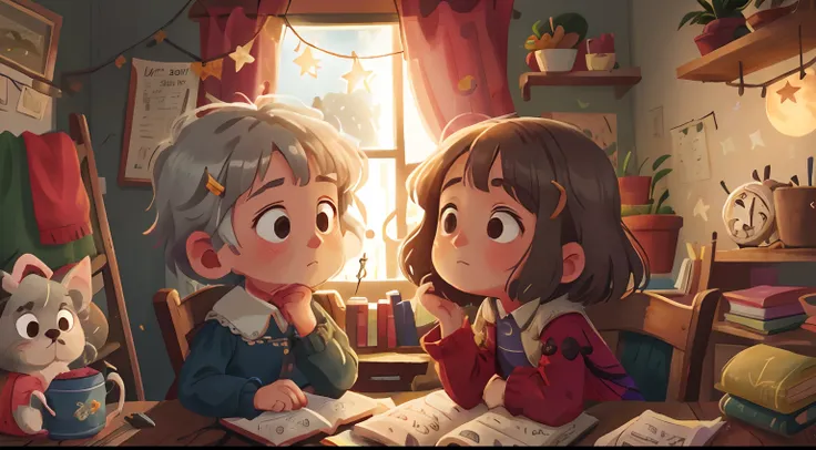 In the moonlight，The girl and the gray-haired grandmother sat on a stool，The girl listens to her grandmother tell stories