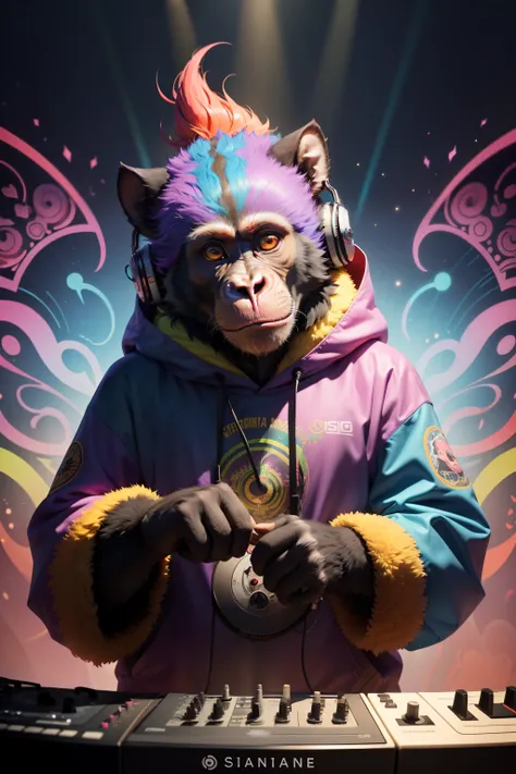 Explore the unique energy and laid-back attitude of a primate DJ in this detailed and vibrant image. With its lush coat adorned by vibrant colors and psychedelic patterns, This primate radiates freedom of expression and a deep search for connection with na...