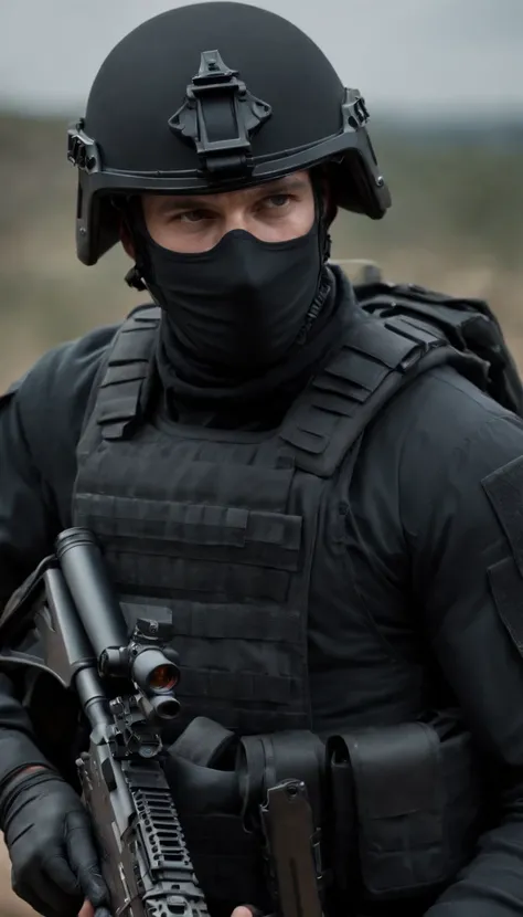 (Best quality,4K,8K,A high resolution,Masterpiece:1.2),Ultra-detailed,(Realistic,Photorealistic,photo-realistic:1.37), One was wearing a black uniform，Man in black helmet, A man in a black mask holds a gun, Air rifle CQB, French Special Operations, realist...