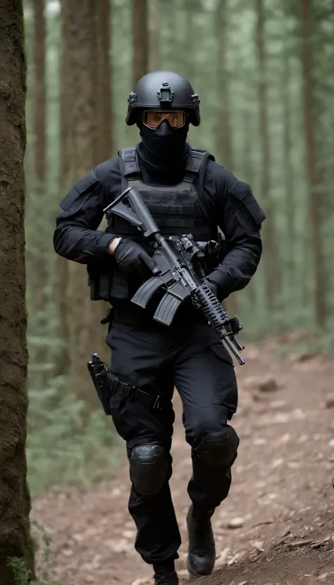 (Best quality,4K,8K,A high resolution,Masterpiece:1.2),Ultra-detailed,(Realistic,Photorealistic,photo-realistic:1.37), One was wearing a black uniform，Man in black helmet, A man in a black mask holds a gun, Air rifle CQB, French Special Operations, realist...