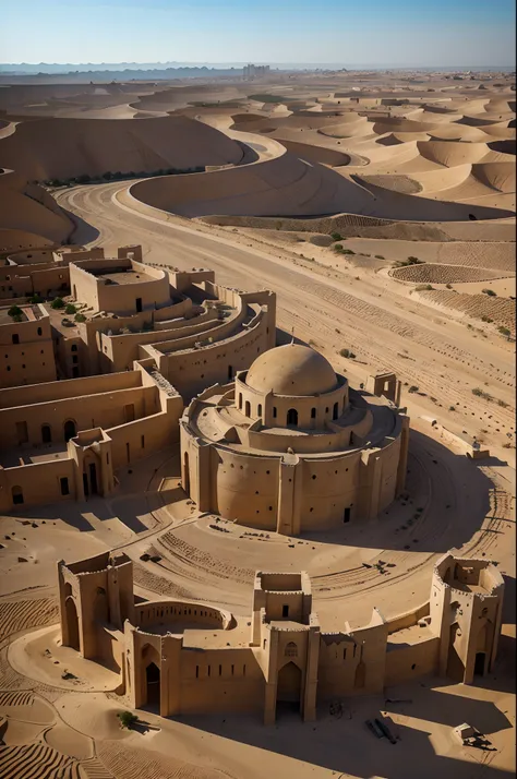 najd city in the middle east aerial view, natural lightting, the biblical city of diriyah in the middle of the desert, concentric double walls, irregular constructions inside the walls, torres defensivas nas muralhas, Biblical architecture, arquitetura can...