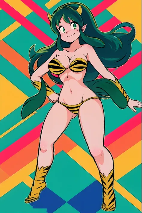 lum, bikini, standing,, , oni, smile,, full body, , , horns, curvy, big breast,, smile, green hair