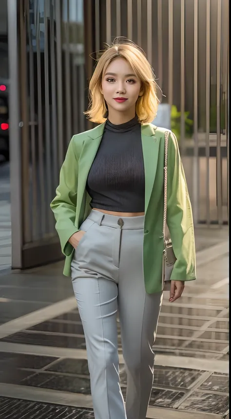 malay girl wear half button rib knit tee with green jacket and high waist plicated detail suit pants, short blonde hair, bob hai...