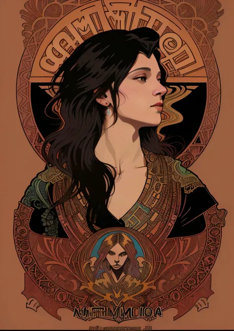 uma mulher com cabelo preto longo e um fundo vermelho, Martin then, Martin then, Retrato da obra, muita vibe, Arte Nova Lilith, Estilo Alphonse Mucha, Muito estilo 4K, Estilo Shepherd Fairey, Alphonse Mucha e Alena Aenami, Artem Demura Alphonse Mucha, Arte...