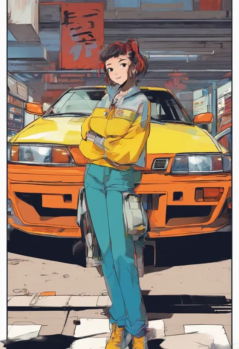 arafed woman leaning on a car in a parking garage, wide angle , dinamic,, logo, advertisment, super ultra quality, no artifacts, takata yamamoto style, jackie tsai style, set in tokyo bank parking lot, 90s color photo, 90s japan, profile pic, tsubasa nakai...