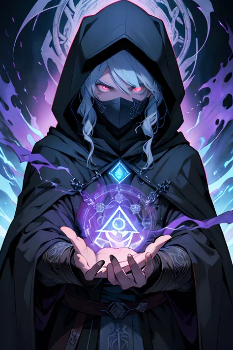 ShadowMagus is a mysterious enchanter shrouded in a dark, hooded cloak adorned with enigmatic runes. Their mask, etched with arcane sigils, obscures most of their face, with piercing, glowing eyes peering through. Pose: Casting a spell, one arm raised with...