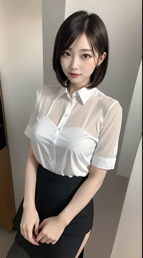 Classy upper class elite woman in white open shirt and black skirt, Wearing a strict white shirt, Wearing pantyhose、Wear high-end high heels、(Short Layer Hair), Girl in ultra-thin shirt, Wearing a white shirt, Wear a light shirt,  (Sheer white shirt and fl...