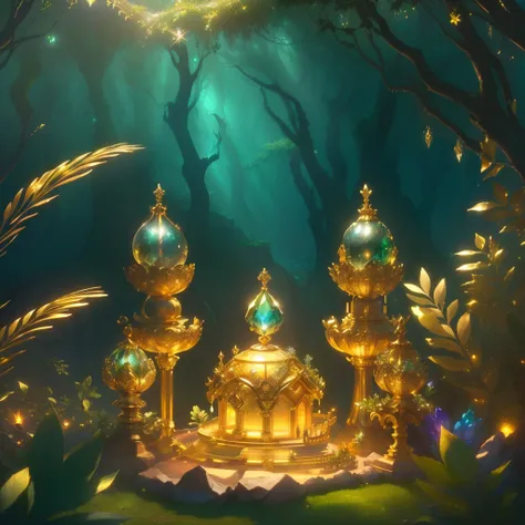 A pile of gold and treasure on the top of Ant Hill, With magic lamp, jewelry, Fantastic forest atmosphere.
(Best quality,4K,8K,A high resolution,Masterpiece:1.2),Ultra-detailed,(Realistic,Photorealistic,photo-realistic:1.37),illustration,Sparkling gold and...