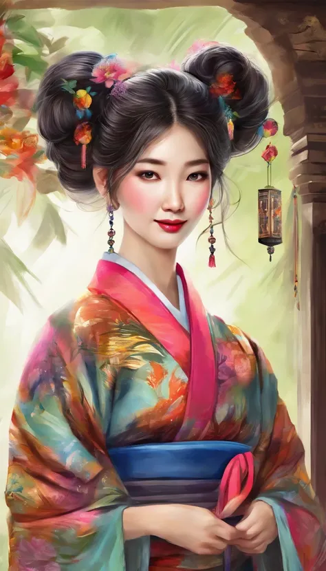 ((Yukata)),eye glass，innocent smiles，ancient city，veranda，wind chime，(1girl in, Solo:1.6),(Best Impact:1.5), (maximalism:1.7),Vivid contrast, (Realistic), hyperrealistic illustrations, hight resolution, ultra-detailliert, absurderes,(Fractal Art:1.3)、Rando...