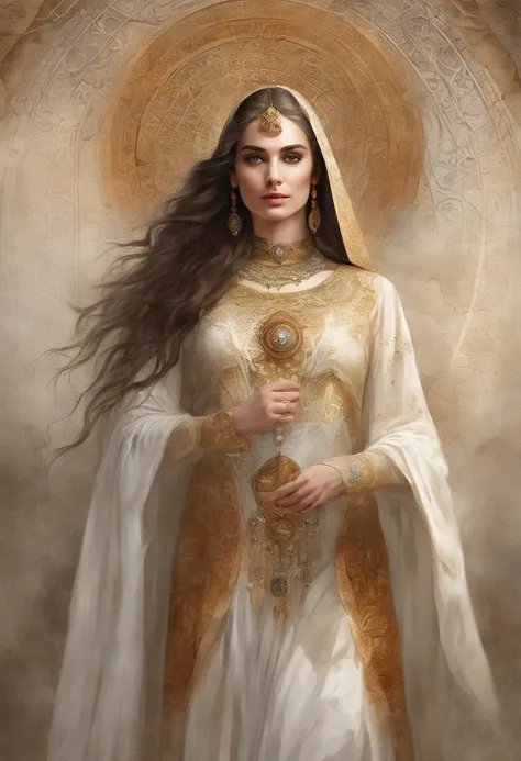 (Masterpiece, Top Quality, Best Quality, official arts, beautiful and aesthetic:1.2), Girl, Detailed Face, long dark hair, brown eye, full - body, Greek long-sleeved robe, celestial, priestess, extremely beautiful, higly detailed, (Wodena in the background...