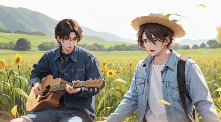 They were two young men playing guitar in a cornfield, Album art, music video, haruhi, On a sunny day, Photo Hot, still from live action movie, um dia ensolarado, in a field, official fanart, Transparent background, In the countryside, photoshoot, Cute boy...