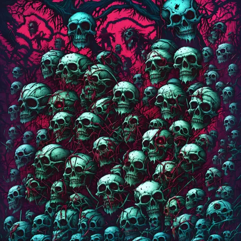 One human dead face with head extended with others heads upside, Rotten heads integrated of monsters. An artistic horror picture of dead heads. Horror art, illustration, overdetailed, UHD, hyper-maximalist, 8k resolution, hyperrealism, High detail, art by ...