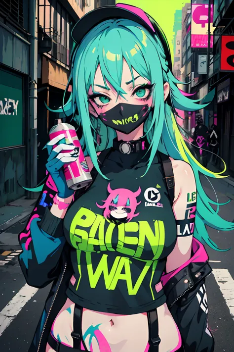 anime slim girl with a cap and a mask, thin face, holding a spray can, green messy hair, street background in neon pink and blue colors, stickers, smirk face, harley vibe, bad girl